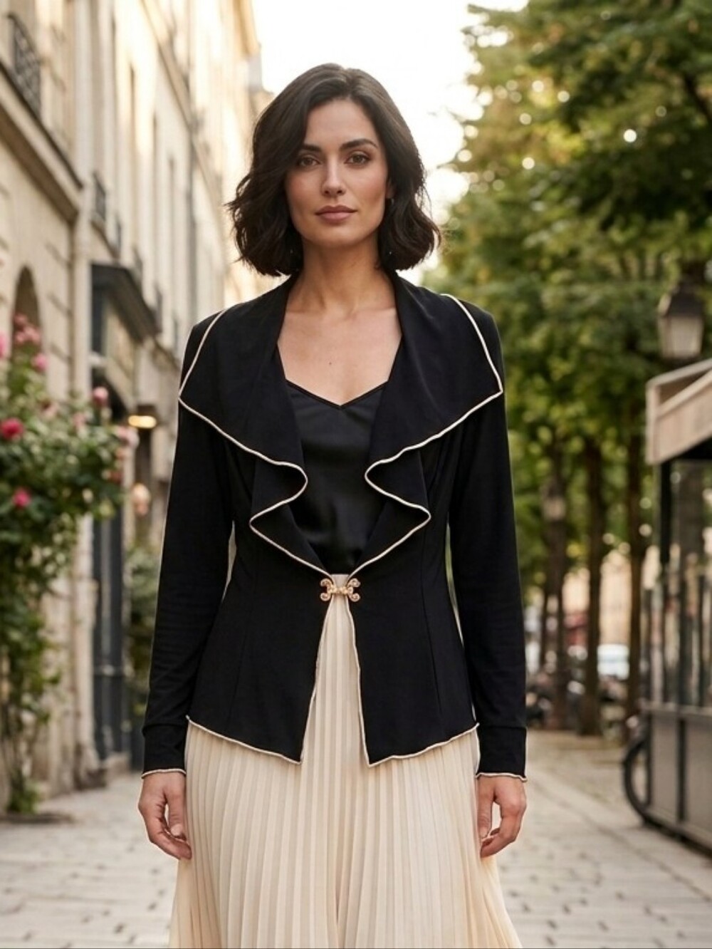 Joseph Ribkoff 14 Whimsigoth Timeless Romantic Ruffle Silky Knit Cardigan